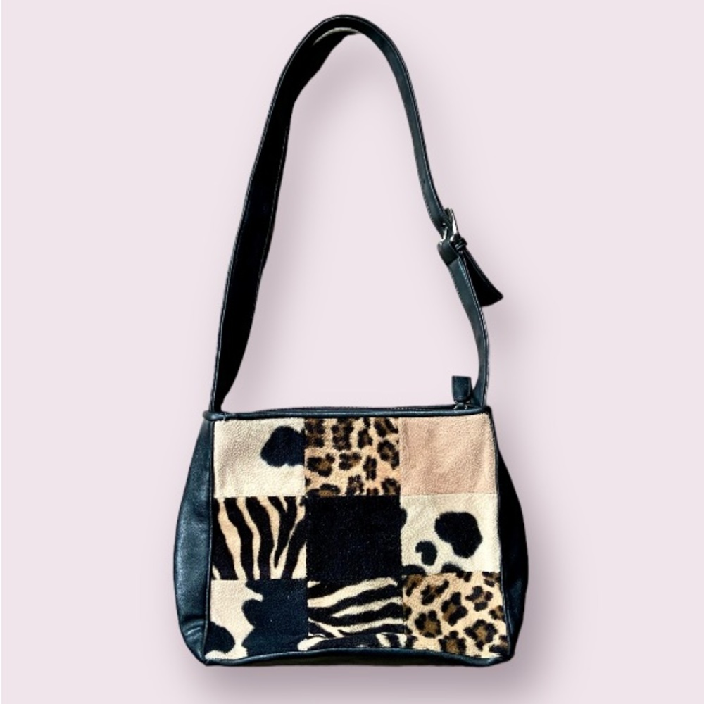 Vintage y2k 90s Animal Print Faux Fur Patchwork Shoulder Bag